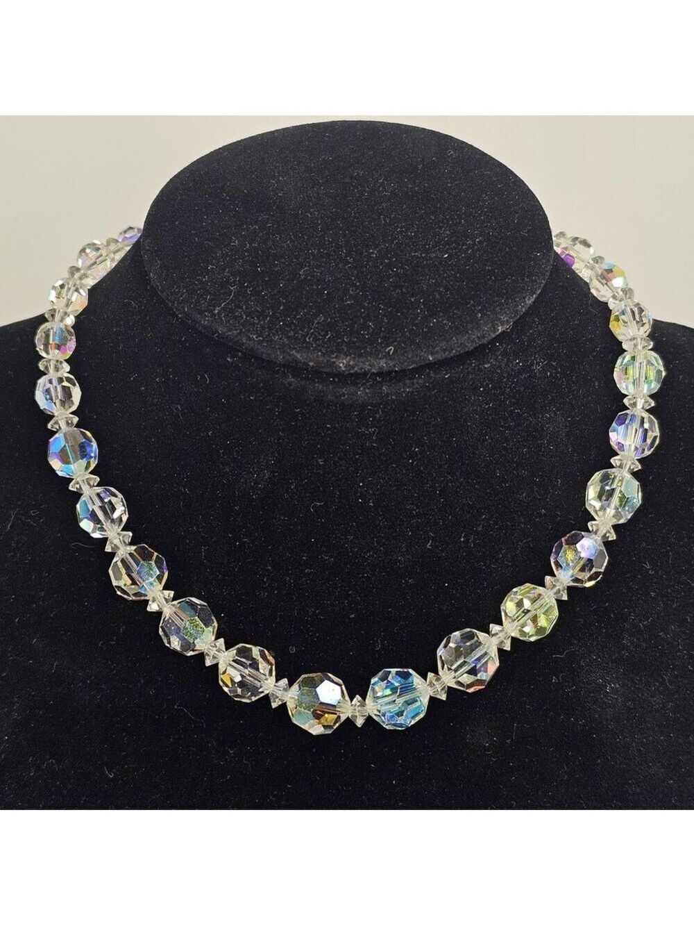 Vintage Coro Aurora Borealis Crystal Bead Necklace 16” Faceted Clear Glass Beads